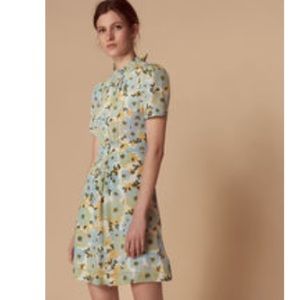 Sandro high neck a-line floral silk dress